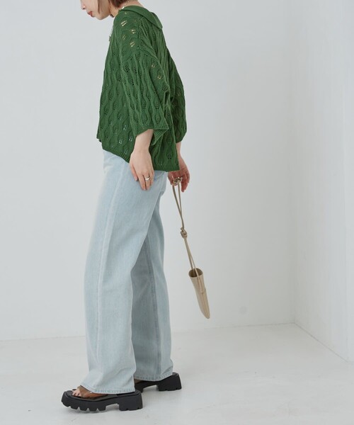 PUBLUX(パブリュクス)の「PUBLUX/パブリュクス ウェーブ編みスキッパーニットポロTシャツ(Tシャツ/カットソー・レディース・グリーン/ライトパープル/イエロー/ブラック/アイボリー・フリ-)」の6枚目の写真