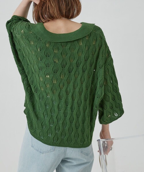 PUBLUX(パブリュクス)の「PUBLUX/パブリュクス ウェーブ編みスキッパーニットポロTシャツ(Tシャツ/カットソー・レディース・グリーン/ライトパープル/イエロー/ブラック/アイボリー・フリ-)」の8枚目の写真