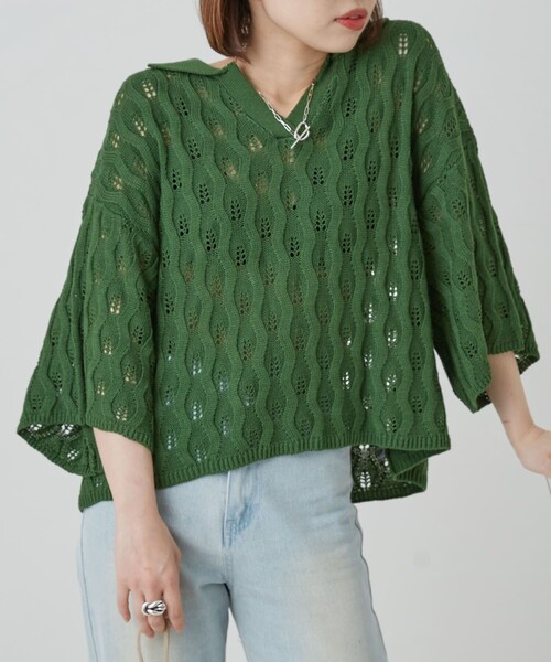 PUBLUX(パブリュクス)の「PUBLUX/パブリュクス ウェーブ編みスキッパーニットポロTシャツ(Tシャツ/カットソー・レディース・グリーン/ライトパープル/イエロー/ブラック/アイボリー・フリ-)」の9枚目の写真