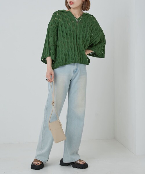 PUBLUX(パブリュクス)の「PUBLUX/パブリュクス ウェーブ編みスキッパーニットポロTシャツ(Tシャツ/カットソー・レディース・グリーン/ライトパープル/イエロー/ブラック/アイボリー・フリ-)」の10枚目の写真