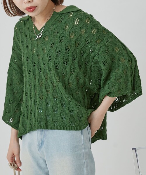 PUBLUX(パブリュクス)の「PUBLUX/パブリュクス ウェーブ編みスキッパーニットポロTシャツ(Tシャツ/カットソー・レディース・グリーン/ライトパープル/イエロー/ブラック/アイボリー・フリ-)」の12枚目の写真
