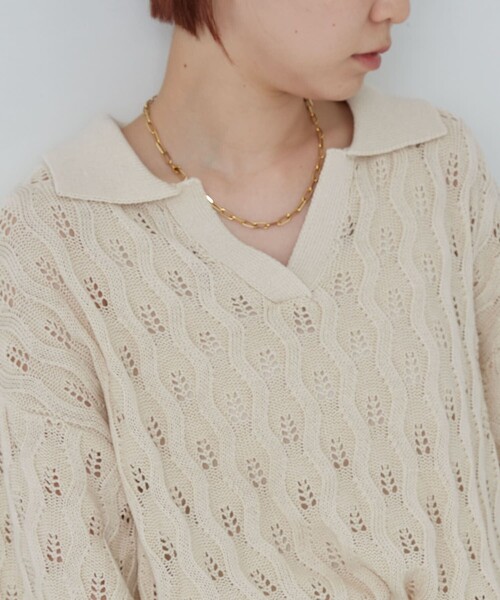 PUBLUX(パブリュクス)の「PUBLUX/パブリュクス ウェーブ編みスキッパーニットポロTシャツ(Tシャツ/カットソー・レディース・グリーン/ライトパープル/イエロー/ブラック/アイボリー・フリ-)」の16枚目の写真
