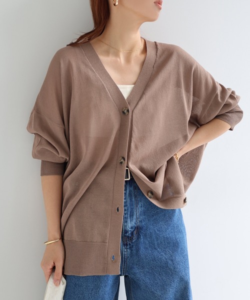 andme（アンドミー）の「オーバーサイズシアーニットカーディガン（カーディガン/ボレロ・レディース・ブラック/オフホワイト/ブラウン/パープル/イエロー/オリーブ/レンガ/モカ/グリーン/ライトグレー・M）」の5枚目の写真