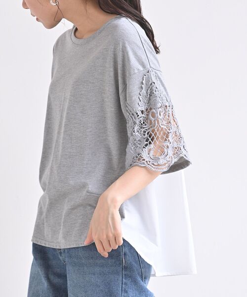 rps（アールピーエス）の「異素材切替レース袖カットプルオーバー（Tシャツ/カットソー・レディース・ブラック/オフホワイト/杢グレー・M）」の3枚目の写真