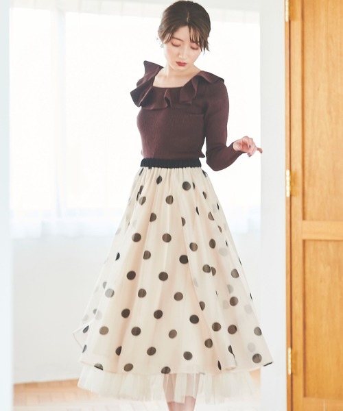 31 Sons de mode（トランテアン　ソン　ドゥ　モード）の「裾チュールオーガンジープリントフレアスカート（スカート・レディース・グレー系その他/クリーム・36）」の10枚目の写真