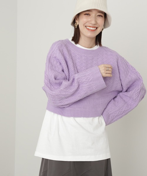 N.(N. Natural Beauty Basic)(エヌエヌナチュラルビューティーベーシック)の「◆ダイヤパターンワイドスリーブショートニット(ニット/セーター・レディース・レッド/オフホワイト/ラベンダー・MEDIUM)」の2枚目の写真