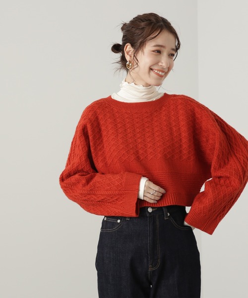 N.(N. Natural Beauty Basic)(エヌエヌナチュラルビューティーベーシック)の「◆ダイヤパターンワイドスリーブショートニット(ニット/セーター・レディース・レッド/オフホワイト/ラベンダー・MEDIUM)」の3枚目の写真