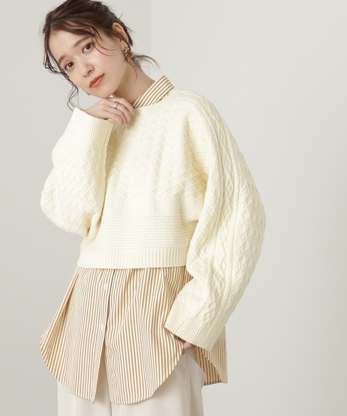 N.(N. Natural Beauty Basic)(エヌエヌナチュラルビューティーベーシック)の「◆ダイヤパターンワイドスリーブショートニット(ニット/セーター・レディース・レッド/オフホワイト/ラベンダー・MEDIUM)」の1枚目の写真
