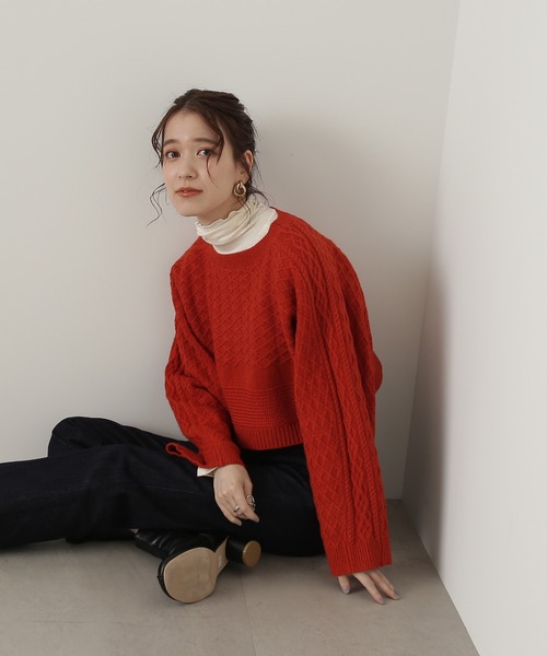 N.(N. Natural Beauty Basic)(エヌエヌナチュラルビューティーベーシック)の「◆ダイヤパターンワイドスリーブショートニット(ニット/セーター・レディース・レッド/オフホワイト/ラベンダー・MEDIUM)」の10枚目の写真