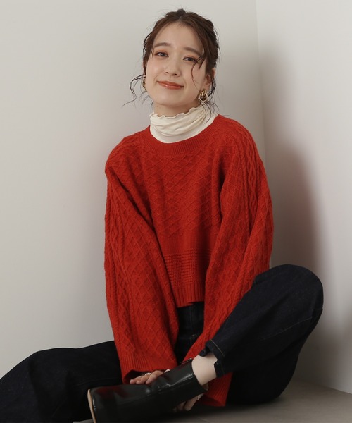 N.(N. Natural Beauty Basic)(エヌエヌナチュラルビューティーベーシック)の「◆ダイヤパターンワイドスリーブショートニット(ニット/セーター・レディース・レッド/オフホワイト/ラベンダー・MEDIUM)」の7枚目の写真
