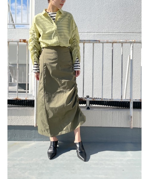 HEILIS(ヘイリス)の「ワッシャーシャーリングスリーブシャツ / シャーリング シャツ シアー カラーシャツ(Tシャツ/カットソー・レディース・ブルー/オリーブ・FREE)」の9枚目の写真