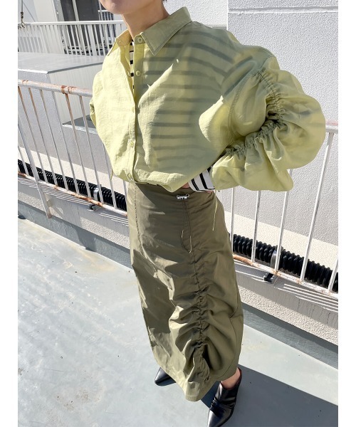 HEILIS(ヘイリス)の「ワッシャーシャーリングスリーブシャツ / シャーリング シャツ シアー カラーシャツ(Tシャツ/カットソー・レディース・ブルー/オリーブ・FREE)」の4枚目の写真