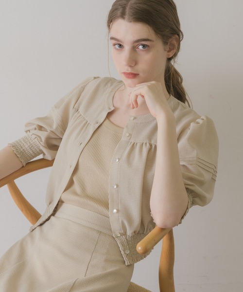 idem(イデム)の「sheer check volume blouse/シアーチェックブラウス(シャツ/ブラウス・レディース・ベージュ/ブラウン/ブルー・FREE)」の5枚目の写真