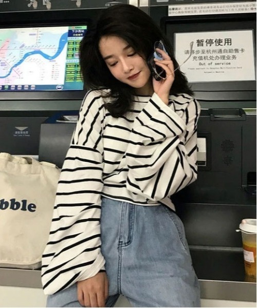 ショート丈 ゆる ボーダー ロンT #_（Tシャツ/カットソー