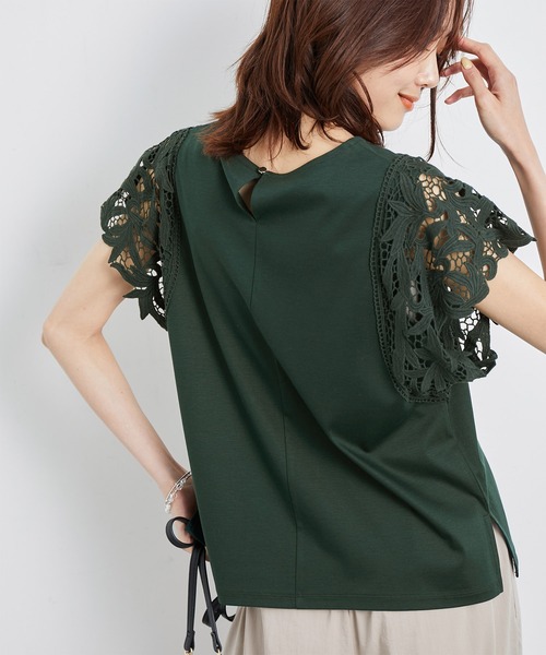ROPE' PICNIC（ロペピクニック）の「洗える/リンクコーデ/袖レースカットトップス（Tシャツ/カットソー・レディース・ダークグリーン/ホワイト/ブラック・38）」の3枚目の写真