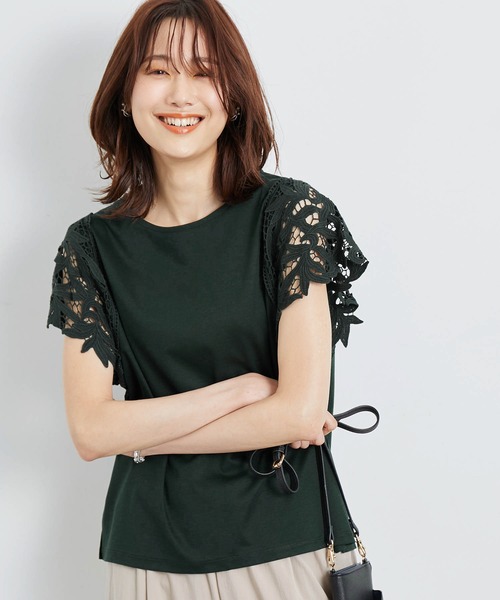 ROPE' PICNIC（ロペピクニック）の「洗える/リンクコーデ/袖レースカットトップス（Tシャツ/カットソー・レディース・ダークグリーン/ホワイト/ブラック・38）」の6枚目の写真