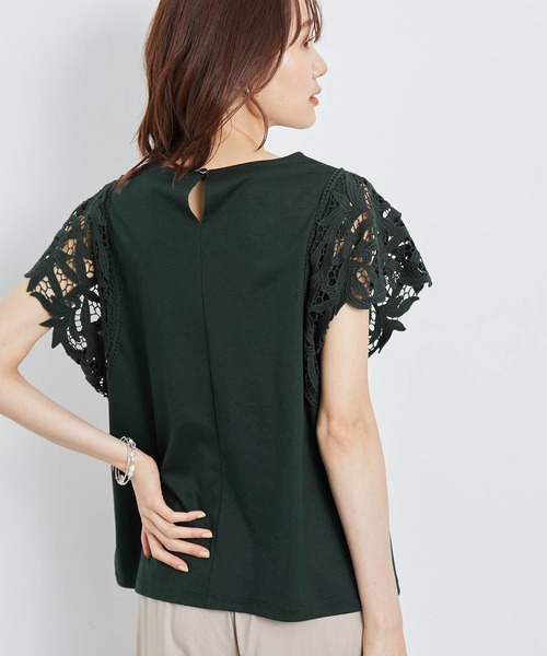 ROPE' PICNIC（ロペピクニック）の「洗える/リンクコーデ/袖レースカットトップス（Tシャツ/カットソー・レディース・ダークグリーン/ホワイト/ブラック・38）」の7枚目の写真