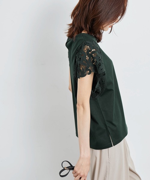 ROPE' PICNIC（ロペピクニック）の「洗える/リンクコーデ/袖レースカットトップス（Tシャツ/カットソー・レディース・ダークグリーン/ホワイト/ブラック・38）」の8枚目の写真