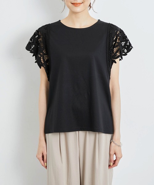 ROPE' PICNIC（ロペピクニック）の「洗える/リンクコーデ/袖レースカットトップス（Tシャツ/カットソー・レディース・ダークグリーン/ホワイト/ブラック・38）」の11枚目の写真