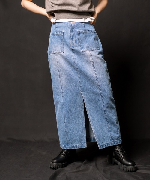 セール】パッチポケットタイトロングスカート 1032010010（デニム