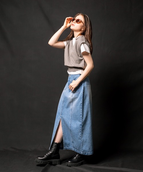 OLIVE des OLIVE（オリーブデオリーブ）の「パッチポケットタイトロングスカート　1032010010（デニムスカート・レディース・スミクロ/サックスブルー・FREE）」の20枚目の写真