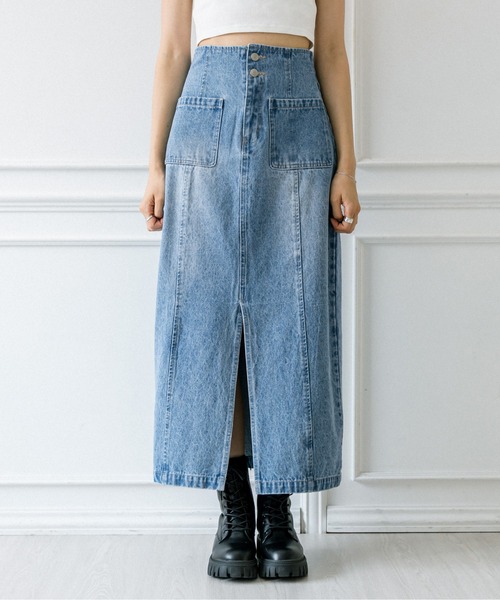 セール】パッチポケットタイトロングスカート 1032010010（デニム
