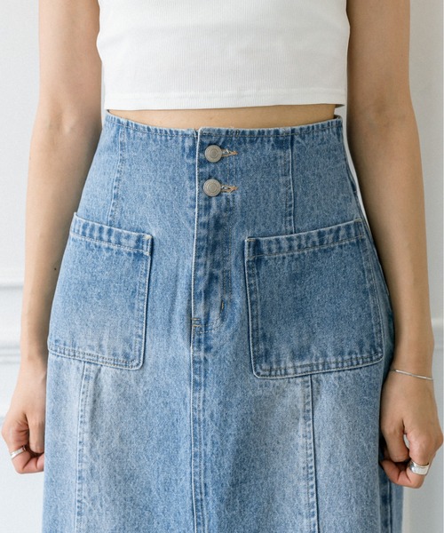 セール】パッチポケットタイトロングスカート 1032010010（デニム