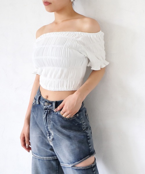 ENVYM（アンビー）の「シャーリングミニトップス（Tシャツ/カットソー・レディース・ホワイト/マルチ/ブラック・FREE）」の11枚目の写真