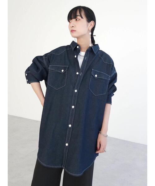 Green　Parks（グリーンパークス）の「ウエスタンBigデニムシャツ（チュニック・レディース・ダークインディゴブルー/インディゴブルー・FREE）」の18枚目の写真