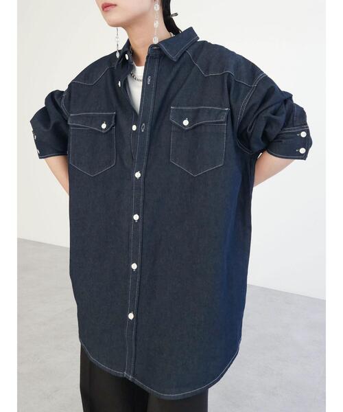 Green　Parks（グリーンパークス）の「ウエスタンBigデニムシャツ（チュニック・レディース・ダークインディゴブルー/インディゴブルー・FREE）」の15枚目の写真