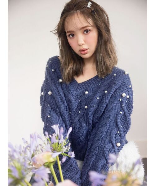 CALNAMUR(カルナムール)の「星空Vネックニットトップス(ニット/セーター・レディース・ネイビー/アイボリー・FREE)」の3枚目の写真