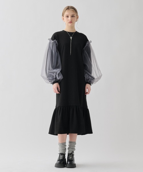 idem(イデム)の「tulle docking onepiece/チュール袖ロングワンピース(ワンピース・レディース・ブラック/グレー・FREE)」の21枚目の写真