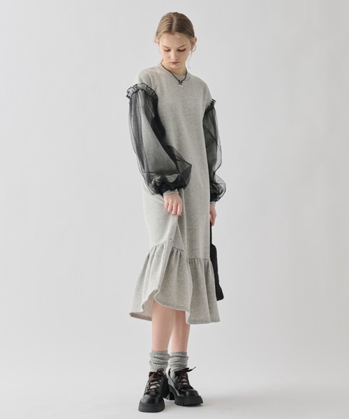 idem(イデム)の「tulle docking onepiece/チュール袖ロングワンピース(ワンピース・レディース・ブラック/グレー・FREE)」の12枚目の写真