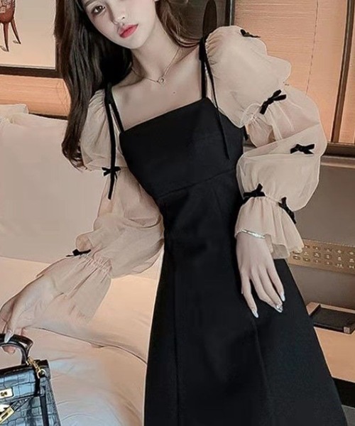 シアースリーブ ミニマム ワンピース ミニ丈 黒 秋 韓国 hr5734 シアースリーブ ミニマム ワンピース ミニ丈 黒 秋 韓国 hr5734