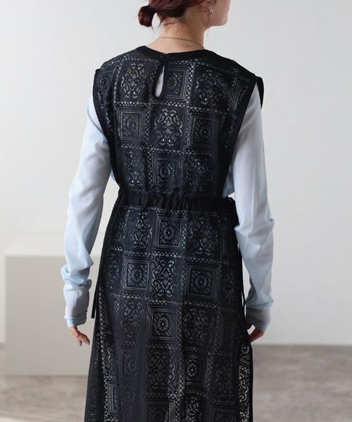 Nodress ワンピース　リボン　レース　ブラック　ワンピース r.（アールドット）の「ブロックレースサイドリボンワンピース