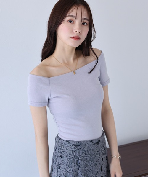 BLUEEAST(ブルーイースト)の「半袖オフショルボーダーTシャツ(Tシャツ/カットソー・レディース・グレー/ブラック/ホワイト系/ブラック系/パープル系・MEDIUM)」の5枚目の写真