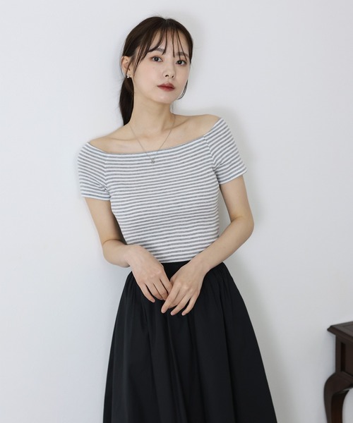 BLUEEAST(ブルーイースト)の「半袖オフショルボーダーTシャツ(Tシャツ/カットソー・レディース・グレー/ブラック/ホワイト系/ブラック系/パープル系・MEDIUM)」の2枚目の写真