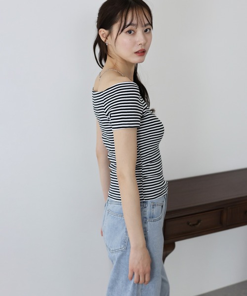 BLUEEAST(ブルーイースト)の「半袖オフショルボーダーTシャツ(Tシャツ/カットソー・レディース・グレー/ブラック/ホワイト系/ブラック系/パープル系・MEDIUM)」の18枚目の写真