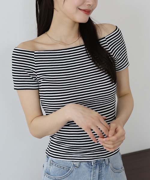 BLUEEAST(ブルーイースト)の「半袖オフショルボーダーTシャツ(Tシャツ/カットソー・レディース・グレー/ブラック/ホワイト系/ブラック系/パープル系・MEDIUM)」の19枚目の写真