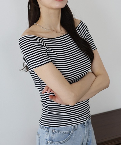 BLUEEAST(ブルーイースト)の「半袖オフショルボーダーTシャツ(Tシャツ/カットソー・レディース・グレー/ブラック/ホワイト系/ブラック系/パープル系・MEDIUM)」の20枚目の写真