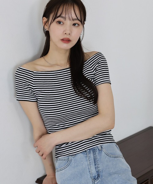 BLUEEAST(ブルーイースト)の「半袖オフショルボーダーTシャツ(Tシャツ/カットソー・レディース・グレー/ブラック/ホワイト系/ブラック系/パープル系・MEDIUM)」の16枚目の写真