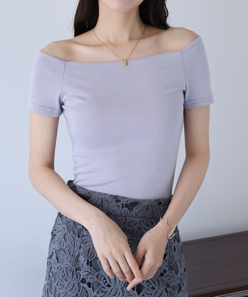 BLUEEAST(ブルーイースト)の「半袖オフショルボーダーTシャツ(Tシャツ/カットソー・レディース・グレー/ブラック/ホワイト系/ブラック系/パープル系・MEDIUM)」の6枚目の写真