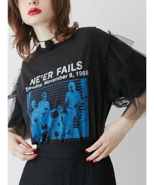 ショッピングバッグ付き　LOHEN チュールレイヤードプリントTシャツ セール】チュールレイヤードロックTシャツ（Tシャツ/カットソー