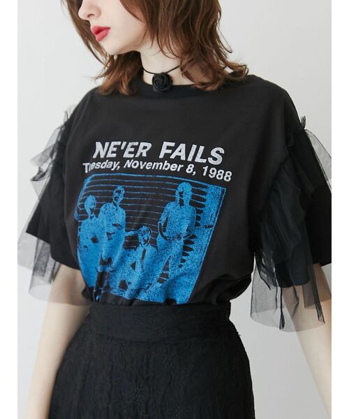 jouetie（ジュエティ）の「チュールレイヤードロックTシャツ（Tシャツ/カットソー・レディース・その他1/ブラック/オフホワイト・MEDIUM）」の6枚目の写真