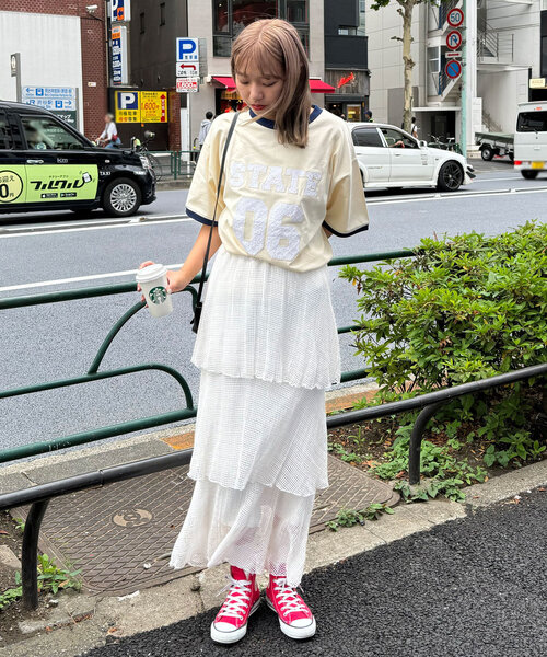 CIAOPANIC（チャオパニック）の「【ユニセックス】レースワッペンカレッジTEE（Tシャツ/カットソー・レディース・アイボリー/ブラック/グリーン・FREE）」の4枚目の写真