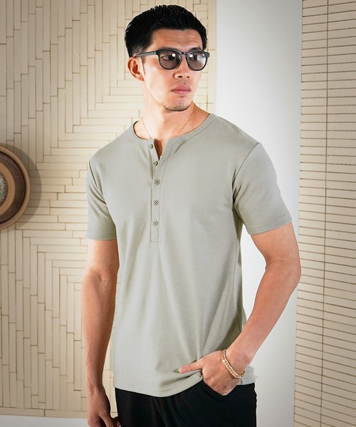 ●DRAW FIT● リブド ヘンリー ネック 半袖 Tシャツ SOMEIDFF】ヘンリーネック半袖プレミアムTシャツ メンズ（T