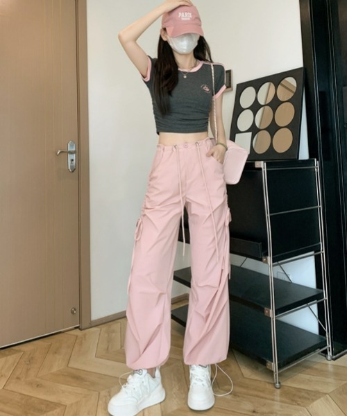 gossip！ロサンゼルス（ゴシップロサンゼルス）の「Y2K カジュアル ドローストリング ストレートパンツ 速乾（カーゴパンツ・レディース・グレー/グリーン/ピンク/モカ/ブラック・S/M）」の7枚目の写真