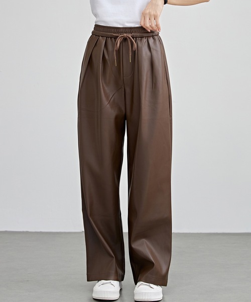 セール】ソリッドカラー 合成皮革 ハイウエスト イージー ワイド