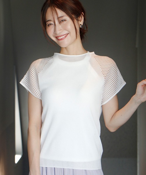 透け感がオトナ新ニットTシャツ肩メッシュトップス（ニット