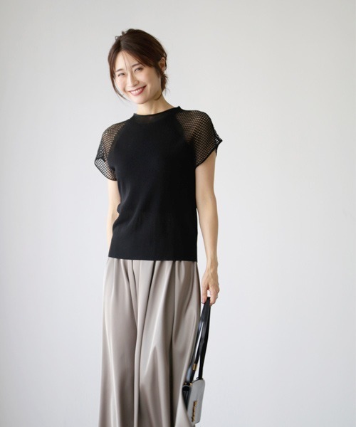 ニット セーター 透け感がオトナ新ニットTシャツ肩メッシュトップス レディース 透け感がオトナ新ニットTシャツ肩メッシュトップス（ニット